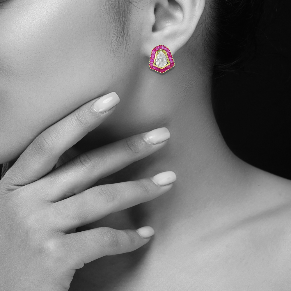Geometric Polki Stud Earrings with Ruby Baguette Halo